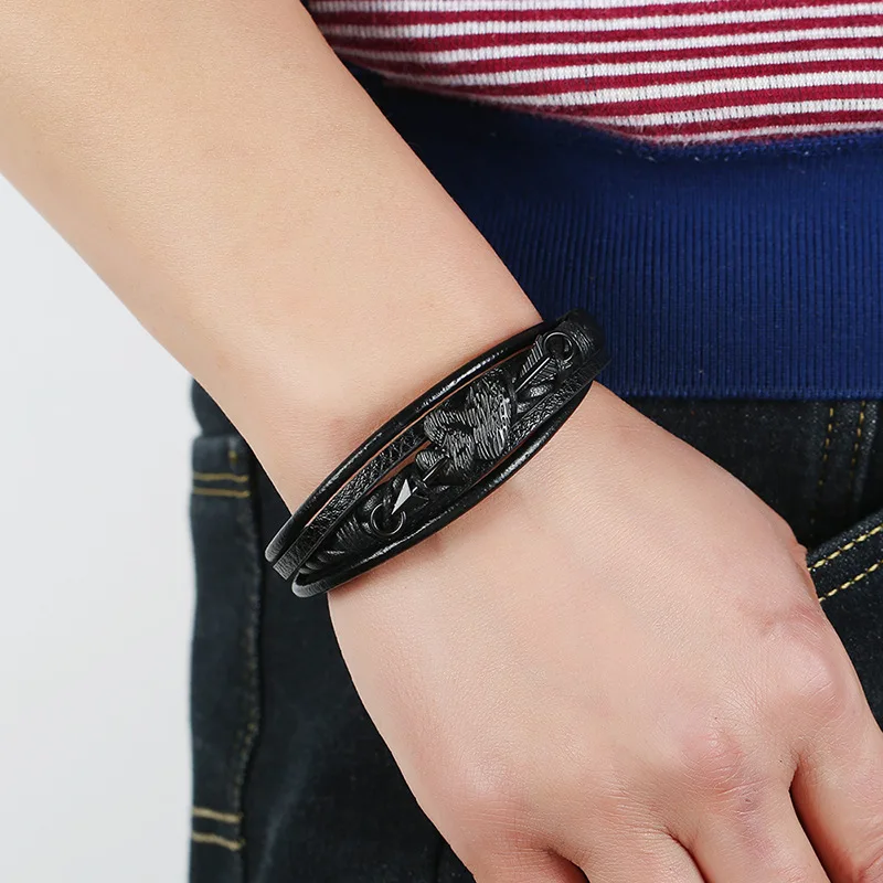 Cute Romantic Couple Black Stainless Steel Leather Bracelet Classic Style Men Simple Button | Украшения и аксессуары
