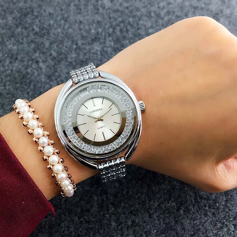 silver CONTENA роскошные женские часы с бриллиантами, часы с браслетом из розового золота, женские часы, модные женские часы под платье, Часы Relogio Feminino - Цвет: silver