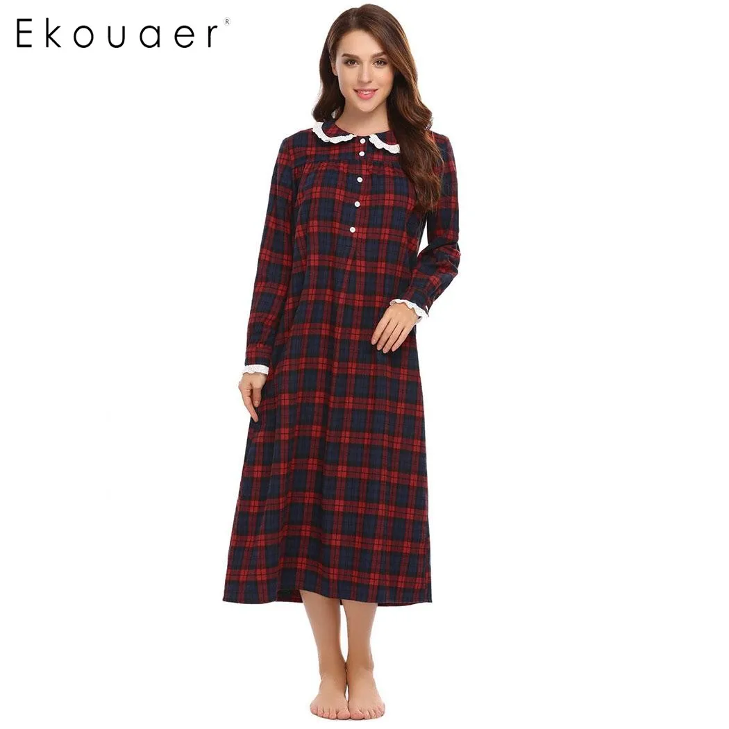Женская клетчатая Ночная рубашка на пуговицах с длинным рукавом|plaid nightgown|nightgowns
