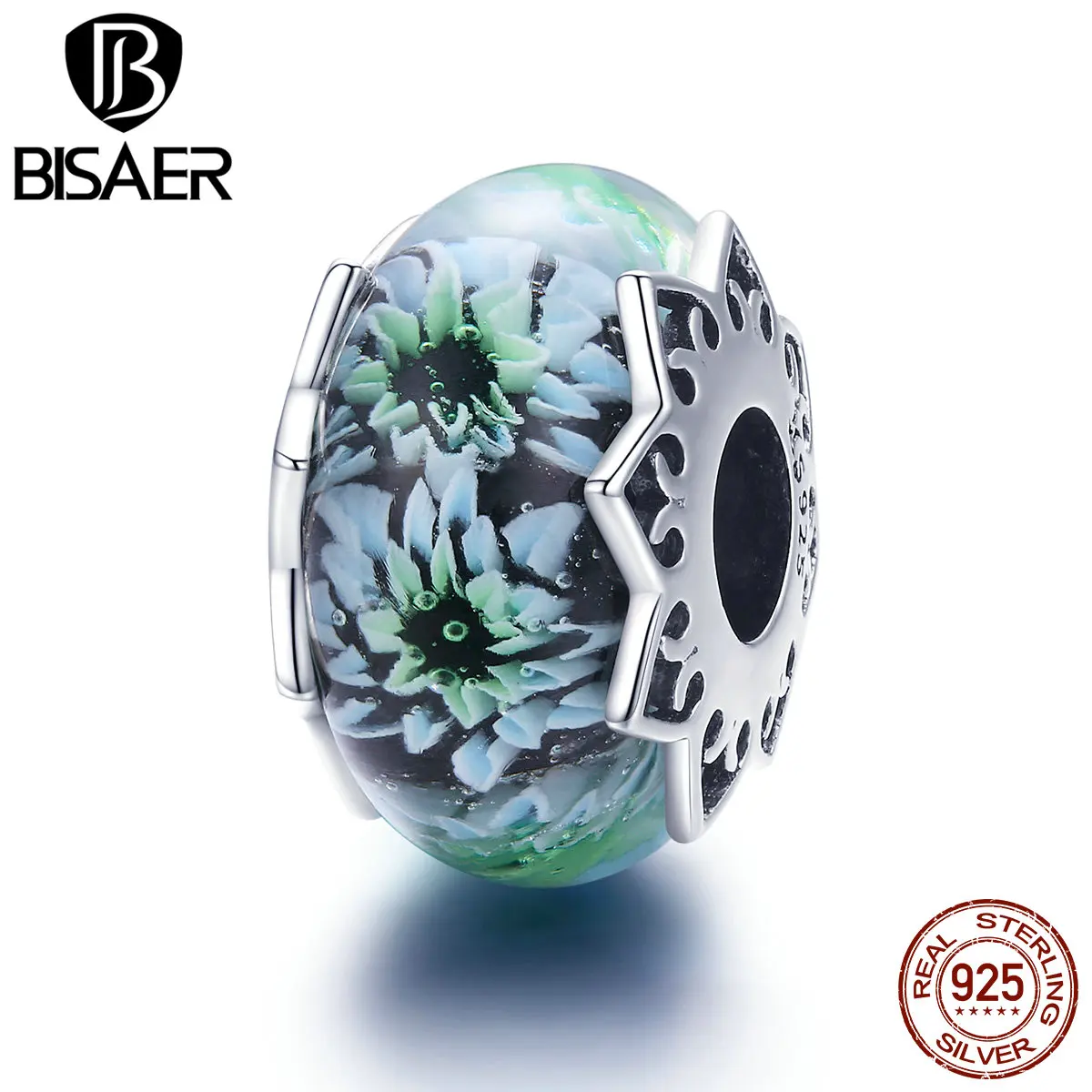 BISAER High Quality 925 Sterling Silver Cyan Flower European Glass Beads Perles fit Charms Bracelets DIY Jewelry Making ECC1011 | Украшения