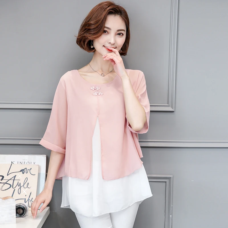 

M-4XL Plus Size Women Clothing Blouses 2018 Summer Loose Casual Women Chiffon Blouse Shirt Half Sleeve Fake 2 Pieces Tops Blusas