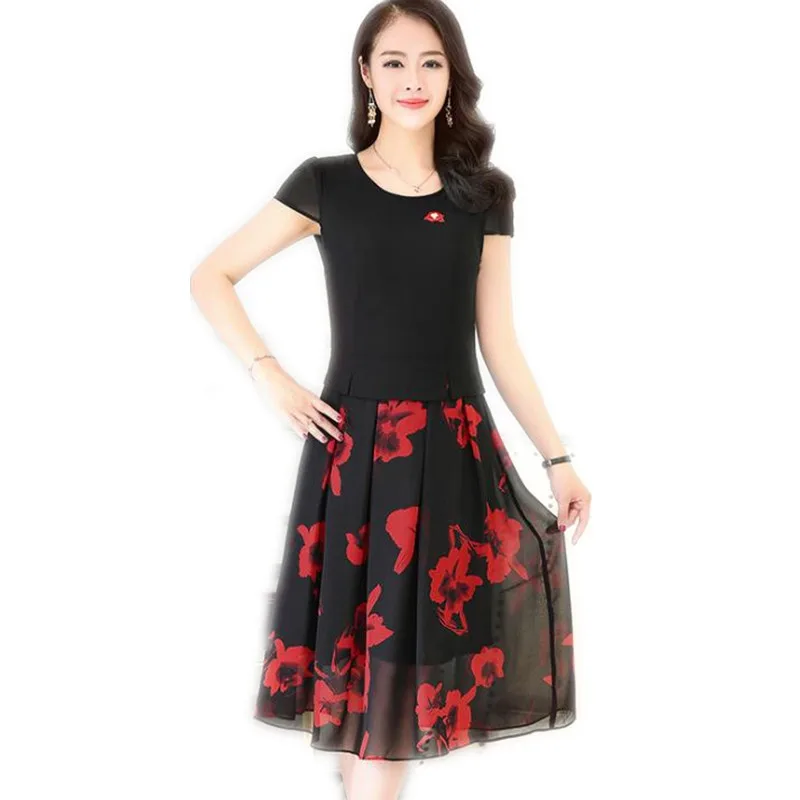 

Fashion Printed Chiffon Patchwork Women 2019 New Knee-Length Dress Female O-Neck Plus Size 5XL OL Summer Slim Empire Dress Q043
