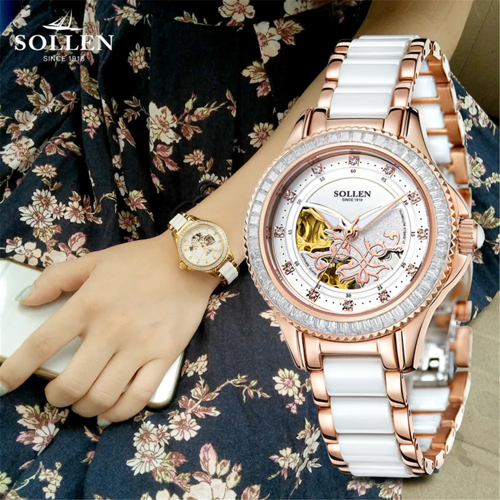 

2017 SOLLEN Luxury Crystal Sapphire Ladies Ceramic Band Automatic Mechanical Watch Waterproof Wristwatches Relogio Feminino