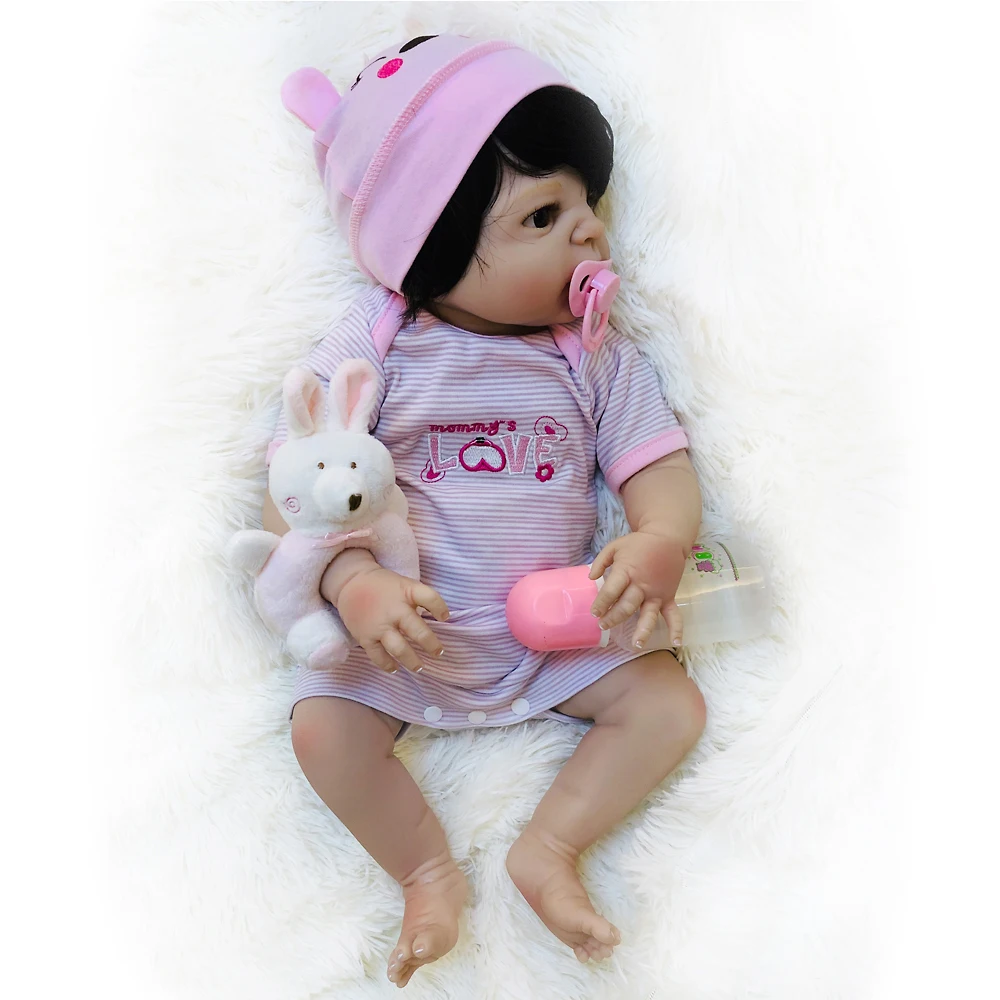 

57CM girl Body SIlicone Reborn Baby Dolls in Pink striped clothes Lifelike Newborn Doll Bathe Toys For sale Bebe Reborn Menina