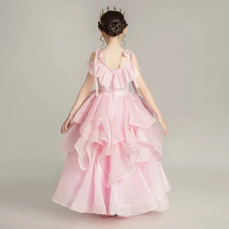 

Children Girls Korean Sweet Pink Color V-Collar Birthday Wedding Party Princess Prom Dress Teens Kids Host Piano Pageant Dress