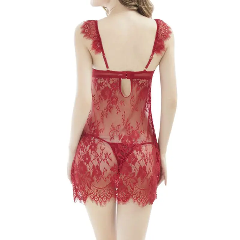 Night Dress Women Nighty Lace Sleeveless Sleepwear Deep V Neck Nightgown Sexy G-String Lingerie Dress