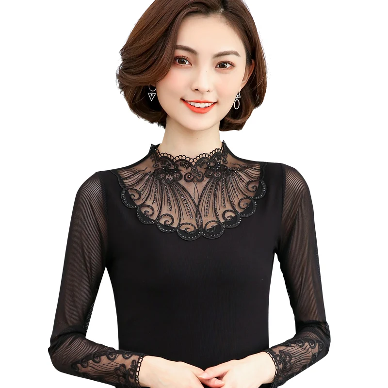 DHfinery women spring autumn wild hollow lace collar long sleeve Openwork embroidery flowers black Tops 8521