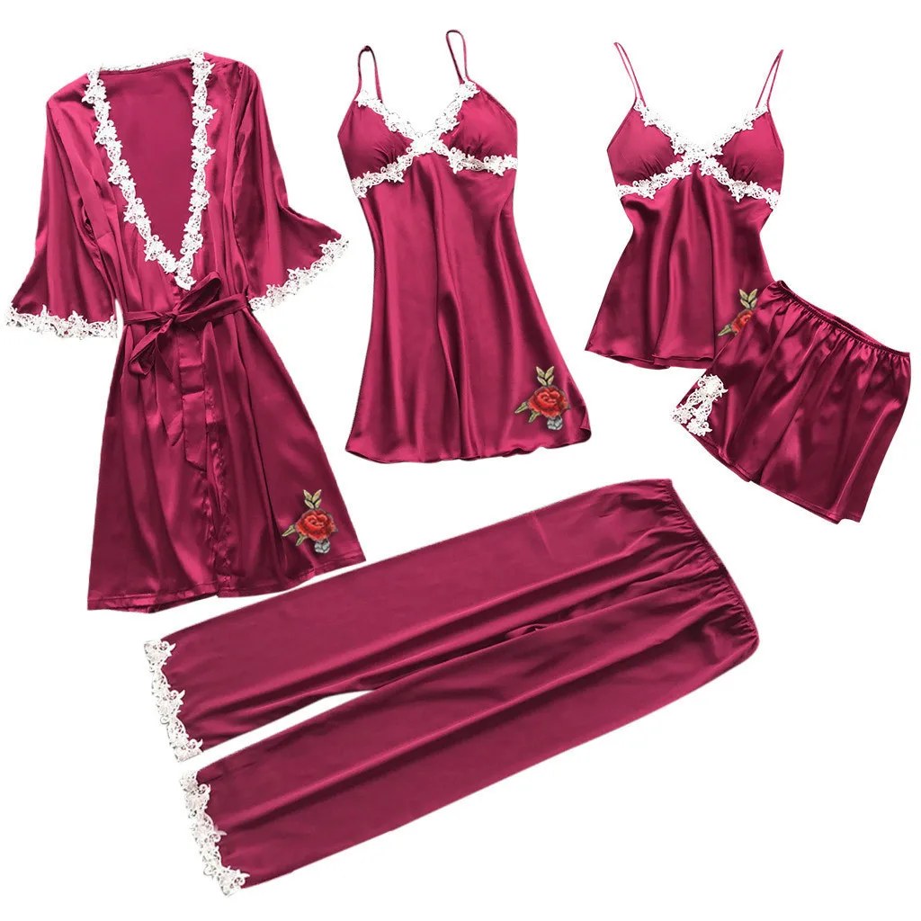 Light rose red Женская ночная одежда, ночное платье, часть ночного белья, Эротическое нижнее белье, шелковая атласная ночная рубашка с v-образным вырезом, Ночная одежда, женская одежда для сна, платье, костюм - Цвет: Light rose red