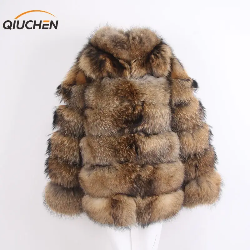 QIUCHEN PJ1911 New arrival high quality real raccoon fur coat with collar. long styles women winter coat keep warm - Цвет: natural