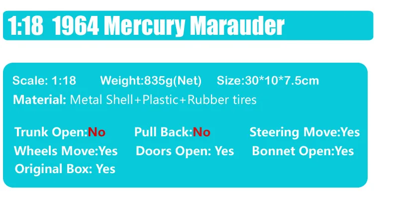 1:18 классика ford Mercury Marauder hardtop sedan 1964 Металл литье под давлением масштаб автомобиля игрушки модель автомобиля миниатюры коллекции ребенок