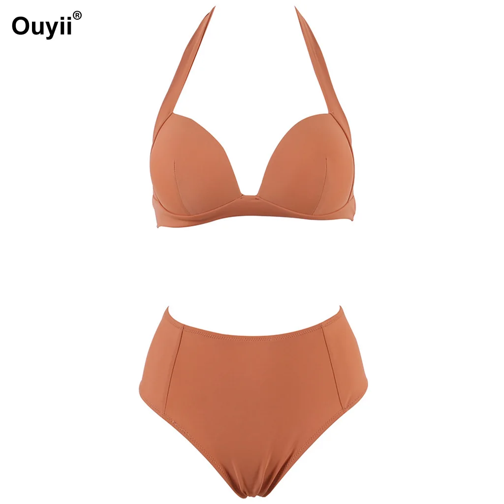 2019 High Waist Bikini Fashion Sexy Solid Color Hard Pack Swimsuit Beach Retro |