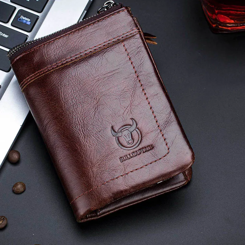 BULLCAPTAIN, RFID, модный кожаный мужской кошелек, Ретро стиль, короткий кошелек, клатч, мужской кошелек на молнии, чехол для карт, кошелек для монет - Цвет: coffee