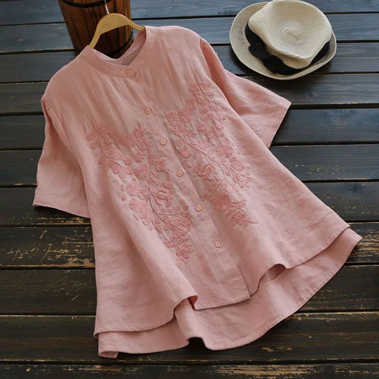 4548 Summer Women Japan Style Cotton Linen Stand Collar Top Embroidery Short Sleeve Blouse Big Size Loose A-Line | Женская одежда