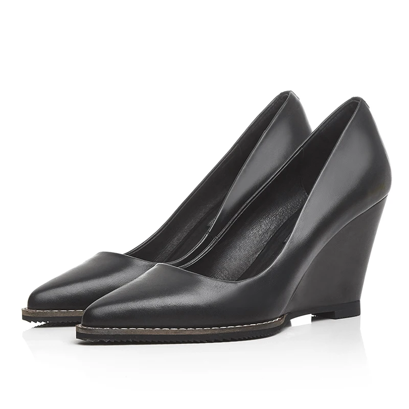 

Black White Wedges Women Pumps High Genuine Leather Pointed Toe Leisure Fashion Dress Soft Party Sexy Mature Concise Size 37 38