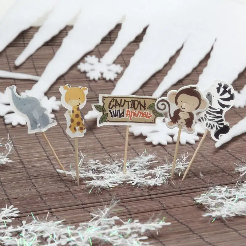 

24pcs/set Animal World Cake Inserted Card with Toothpick Cake Decoration Safari Cake Toppers for Wedding Birthday Party Gift
