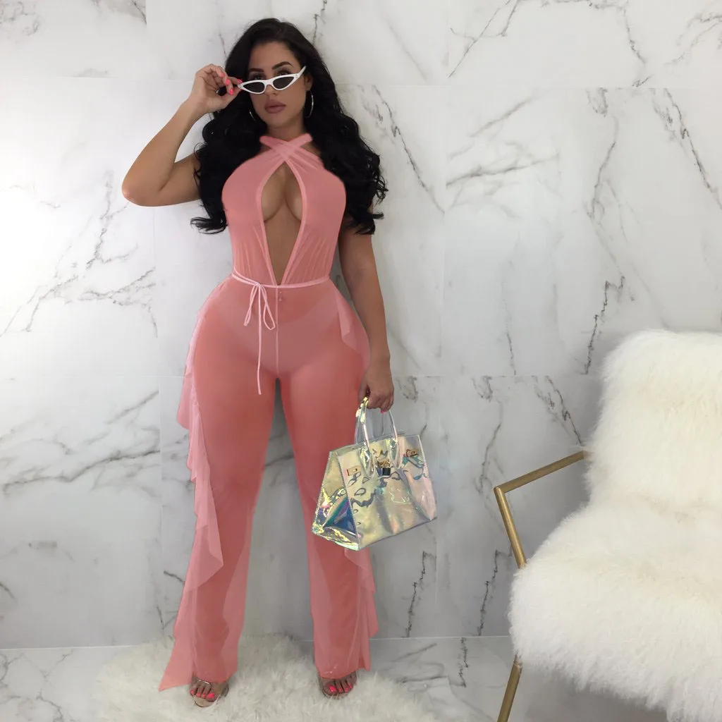 Hirigin Sexy Mesh Bikini Cover Up Women One Piece Jumpsuit New Bandage Solid Beach Outwear Suit Summer Ruffles Bathing Suit - Цвет: D Pink