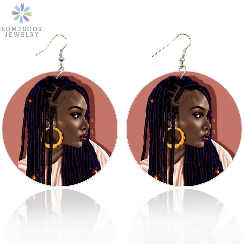 SOMESOOR окрашенные черные хип-хоп девушка Locs Hoops деревянные висячие серьги африканские натуральные волосы африканские деревянные украшения для женщин Подарки 1 пара - Окраска металла: Both Sides Print