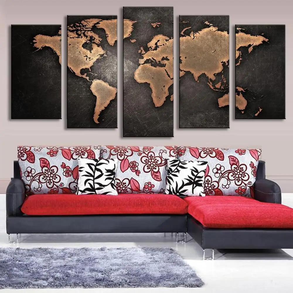 

Modern Canvas Pictures HD Printed Wall Art Framework 5 Pieces Retro World Map For Living Room Home Decoration Painting Posters