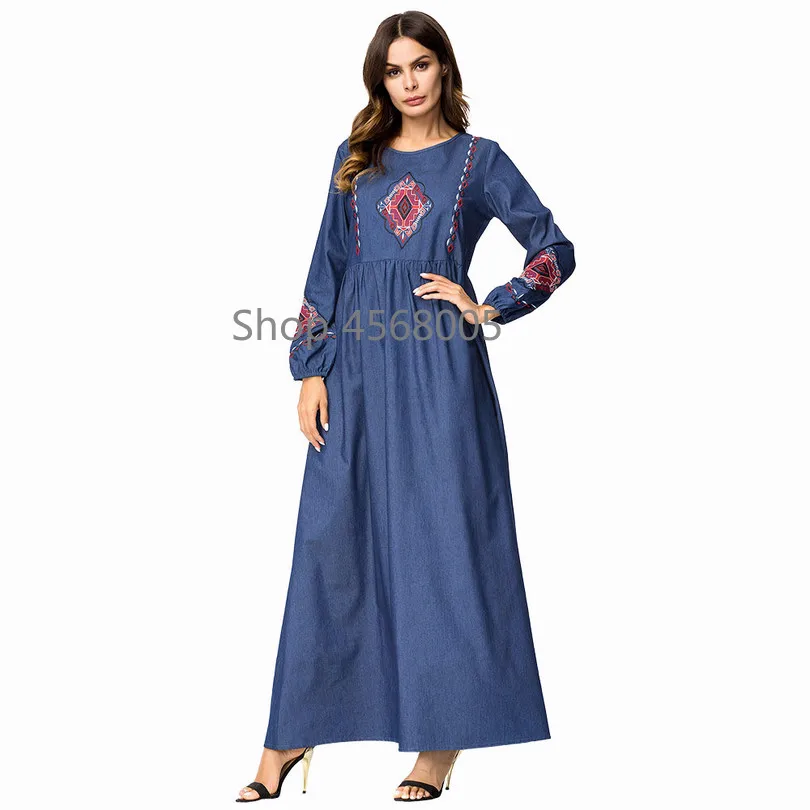 Абая для женщин Вышивка Длинные платья Синий Макси мусульманское платье из