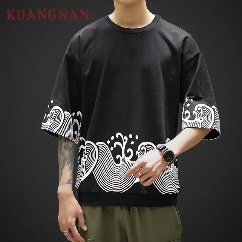 KUANGNAN Винтажная футболка с волнистым принтом Мужская Футболка Harajuku летний топ