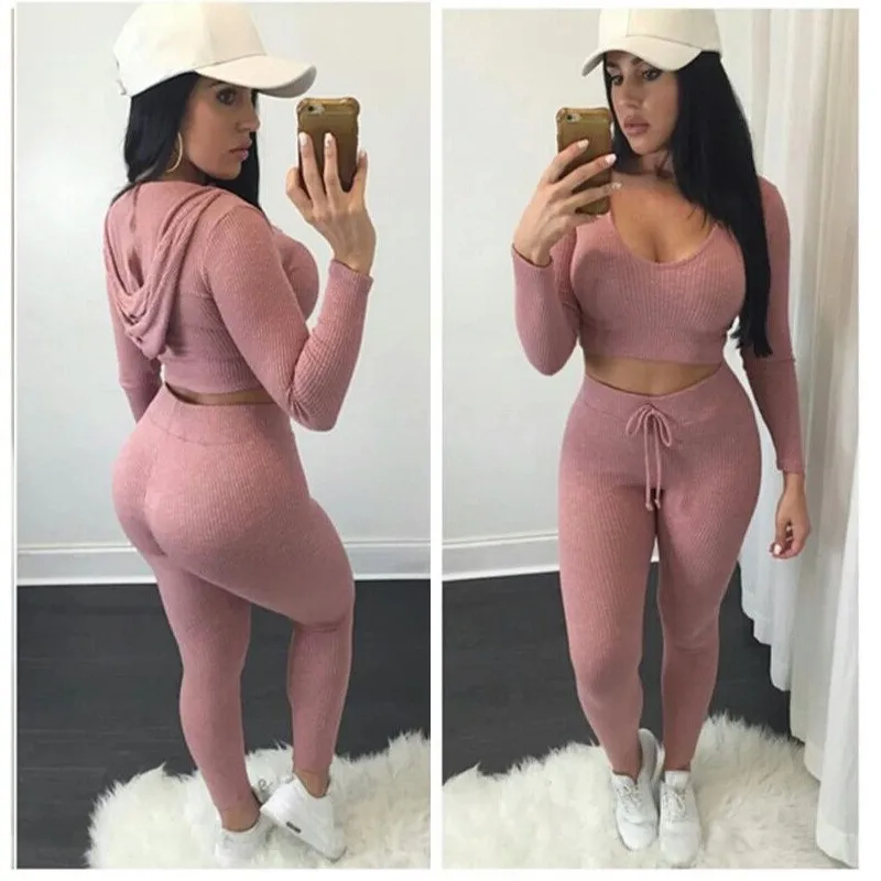 Женский спортивный костюм JESDEVIC комплект из 2 предметов (топ + штаны) с капюшоном