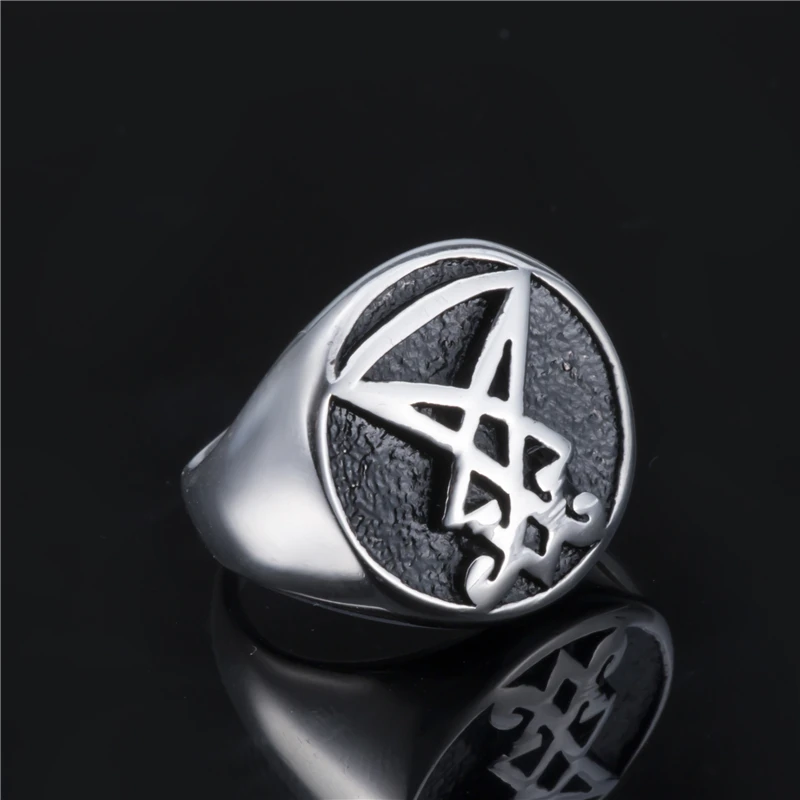 Elfasio комплект ювелирных изделий Кольцо Penadnt комплект sigil of Lucifer уплотнение сатаны дьявола символ Нержавеющая сталь Цепочки и ожерелья цепи Винтаж Мода