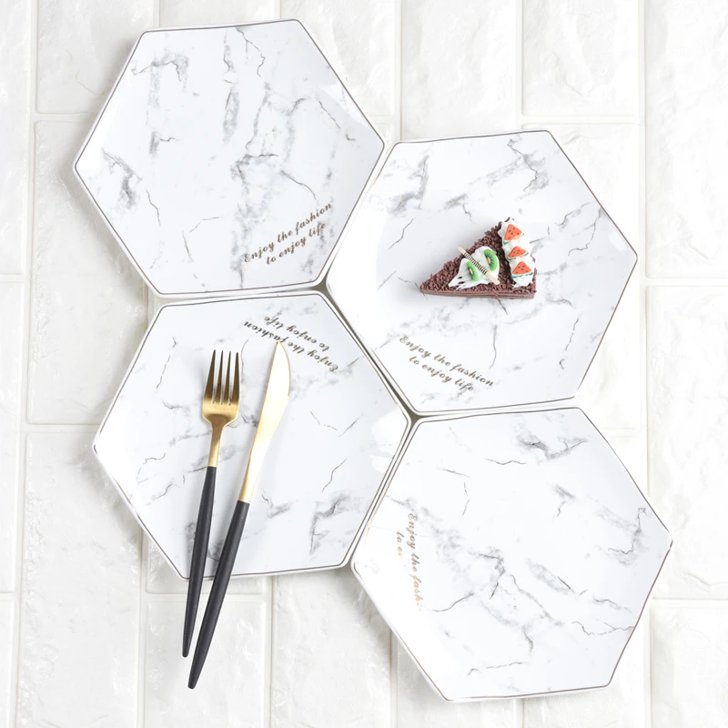 Креативная мраморная Шестигранная тарелка для закусок домашнего торта десерта
