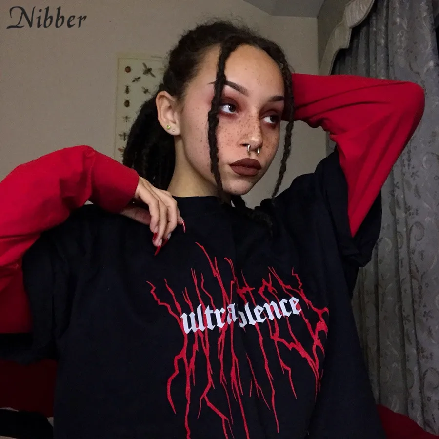 Nibber летний Готический Повседневный Свободный Топ, женская футболка, модная футболка с буквенным принтом и круглым вырезом, короткий рукав, средней длины, базовая уличная одежда, футболка