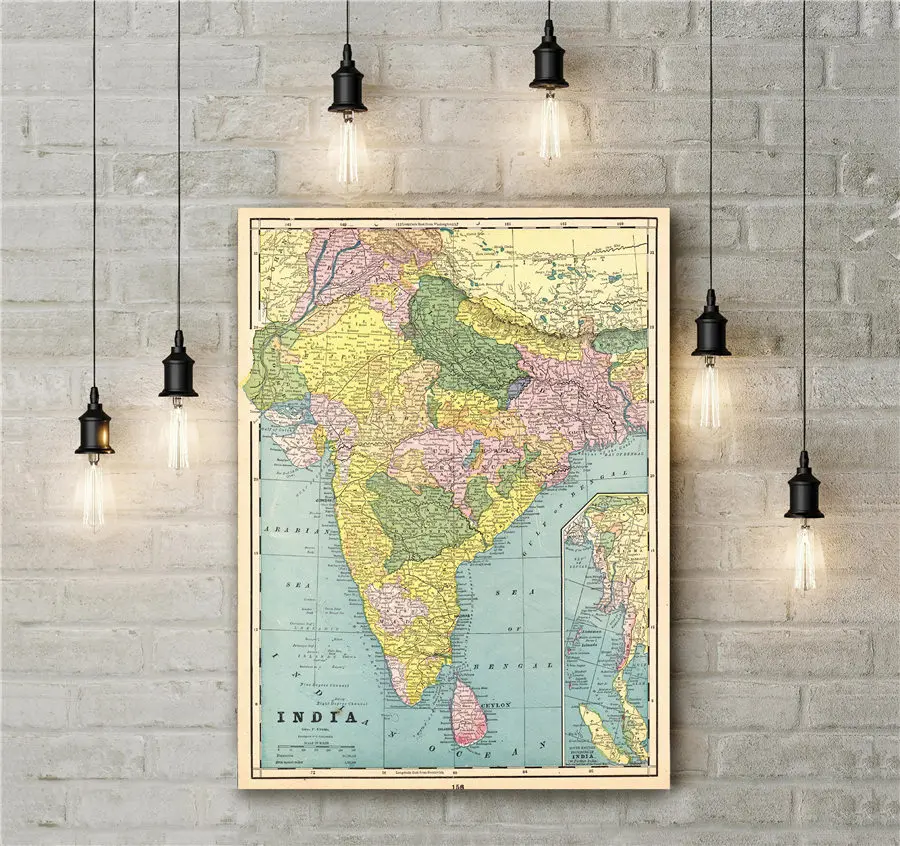 1892 антикварная индийская карта винтажная Оригинальная индии ретро холст печать