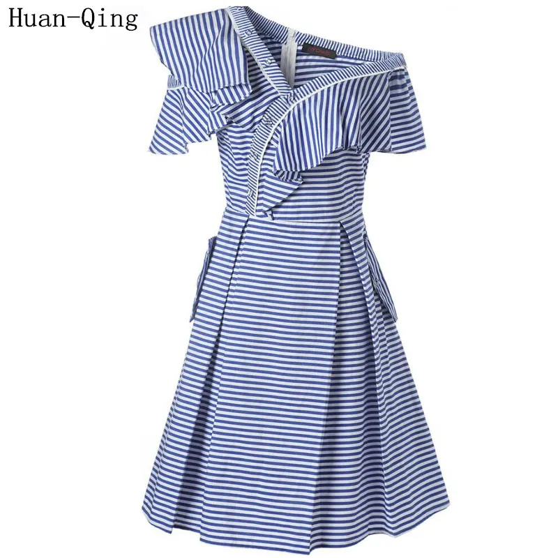 Женское платье Автопортрет с одним открытым плечом летнее синее белое в полоску