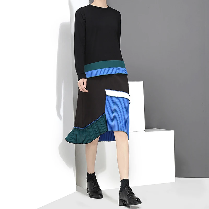 Женское осеннее повседневное плиссированное платье средней длины с длинным