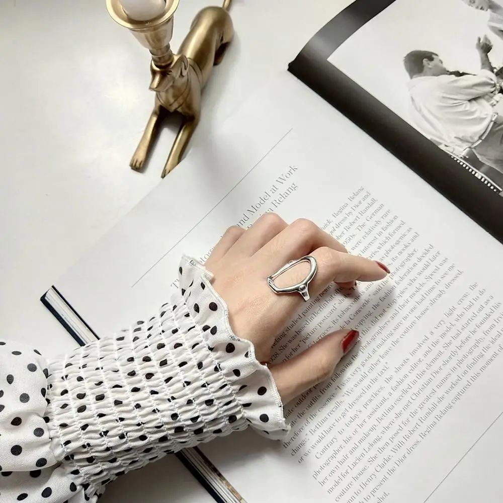 

DAIWUJAN Korean Irregular Hollow Oval Shape 925 Sterling Silver Open Ring Simple Geometric Temperament INS Punk Ring Adjustable