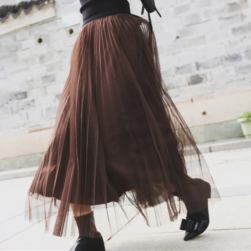 TWOTWINSTYLE, летняя длинная юбка в сеточку, женская Свободная юбка с эластичной резинкой на талии, большие размеры, повседневные женские юбки, модная новинка - Цвет: Coffee