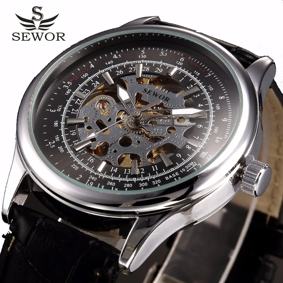 SEWOR Лидирующий бренд военные автоматические часы с скелетом мужские наручные