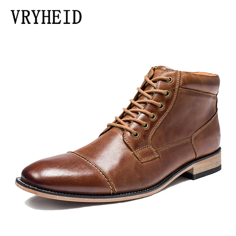VRYHEID/брендовые осенне-зимние мужские ботинки Большие размеры 40-50, винтажные мужские ботинки с перфорацией типа «броги» из натуральной кожи повседневные модные теплые мужские ботинки