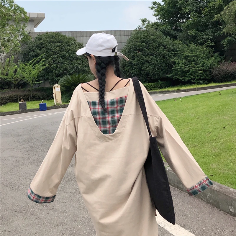 

New 2018 Autumn Hoodies Female Medium Long Hoodies Fashion Patchwork Plaid Tops V Neck Loose Casual Sweatshirts For Women