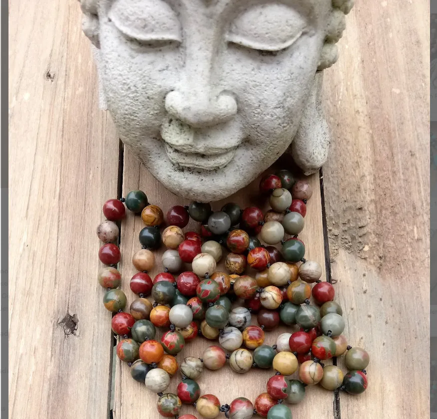 Длинное ожерелье 108 Mala Beads натуральный камень PicassoJasper камни коричневая кисточка