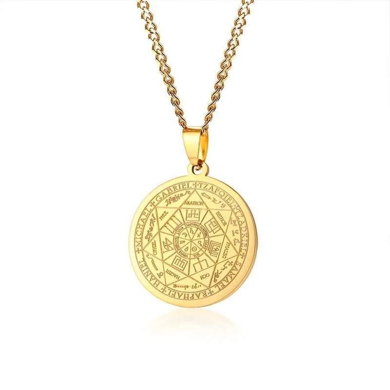 gold color Мужское ожерелье из нержавеющей стали золотого цвета печать семи архангелов подвеска сигил ханиель Майкл Габриэль знак - Окраска металла: gold color