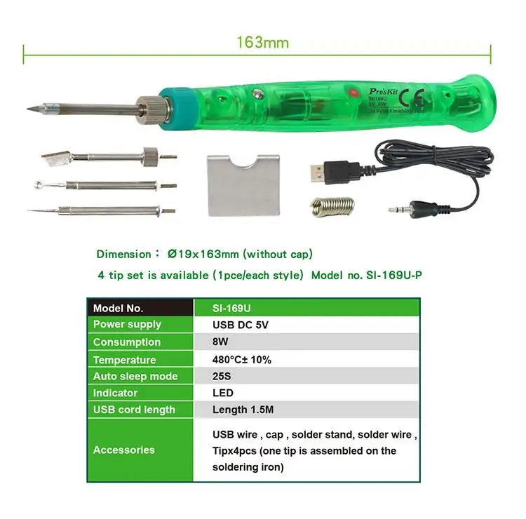 Pro'sKit SI-169U 8 Вт инструмент для 3D печати 15 сек. Быстрый нагрев паяльник 5 в с питанием от USB