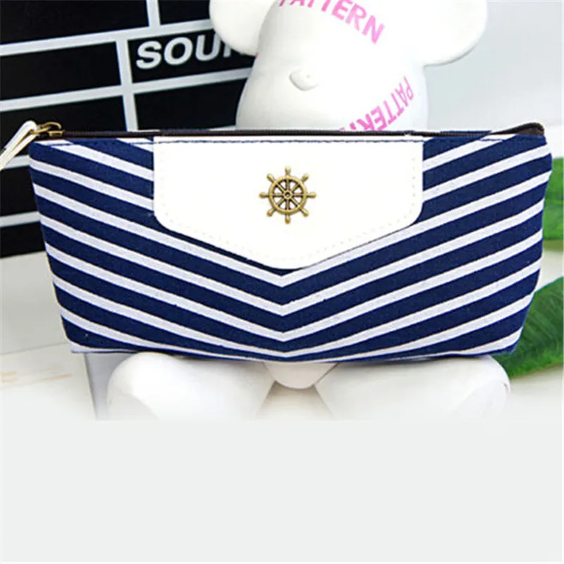 Тёмно синий холщовый пенал для школьников пеналы в полоску макияжа карандашей