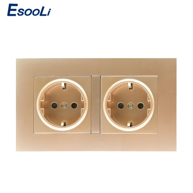 Esooli Высокое качество Золотой ПК стены Мощность Двойной разъем заземлен, 16A ЕС стандартный Электрический двойной выход 146 мм* 86 мм
