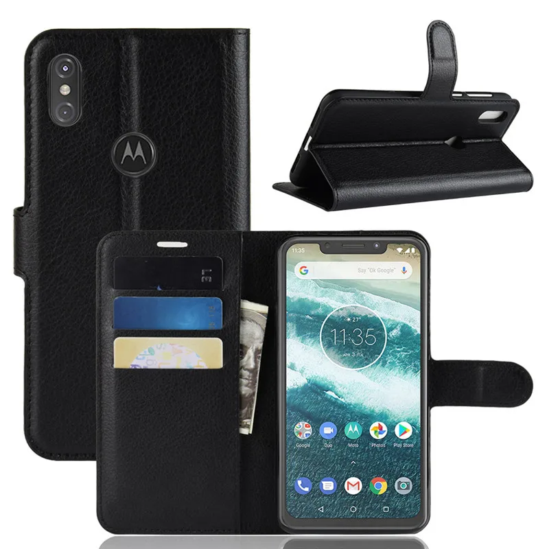 Флип кейс из ПУ + ТПУ с текстурой личи/с карманом для карт/подставкой Motorola One