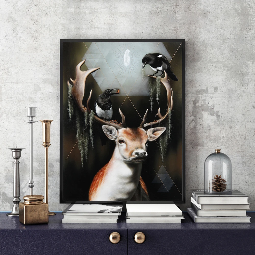 Животные Стиль оленей коз лиса и птицы Книги по искусству Холст плакат печати