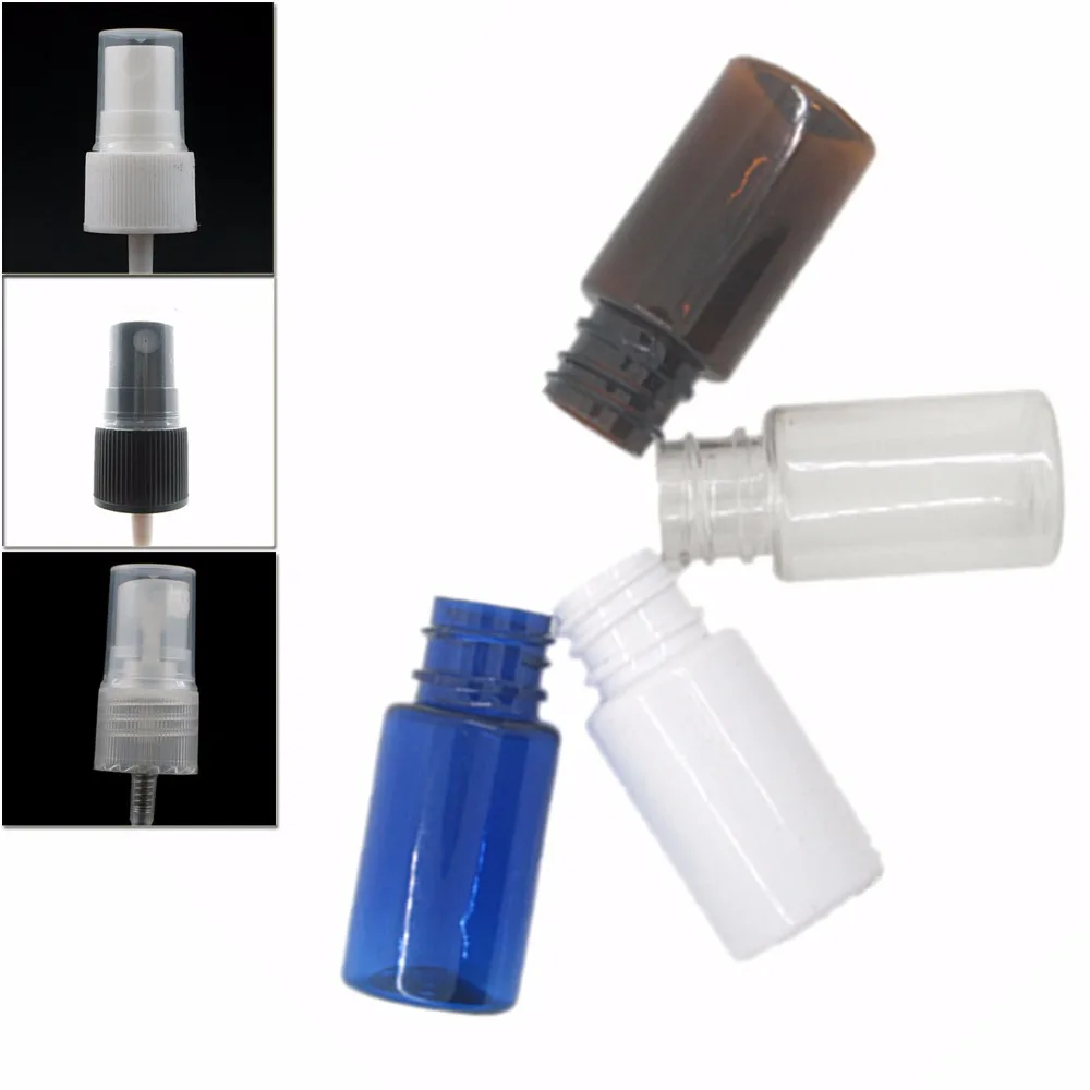 

10ml round empty clear amber/blue pet plastic bottle with white/black fine mist Sprayer X 10
