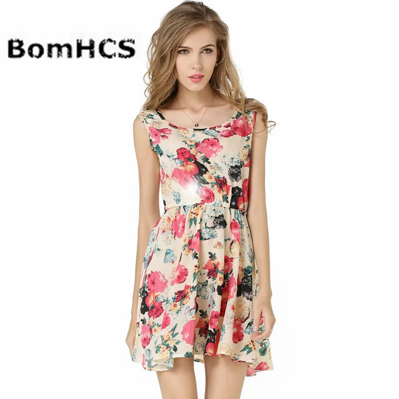

BomHCS New Summer Dresses European Women Elegant Pleated Chiffon Floral Print Strap Dresses Sexy Sleeveless Casual Dress F221QZ9