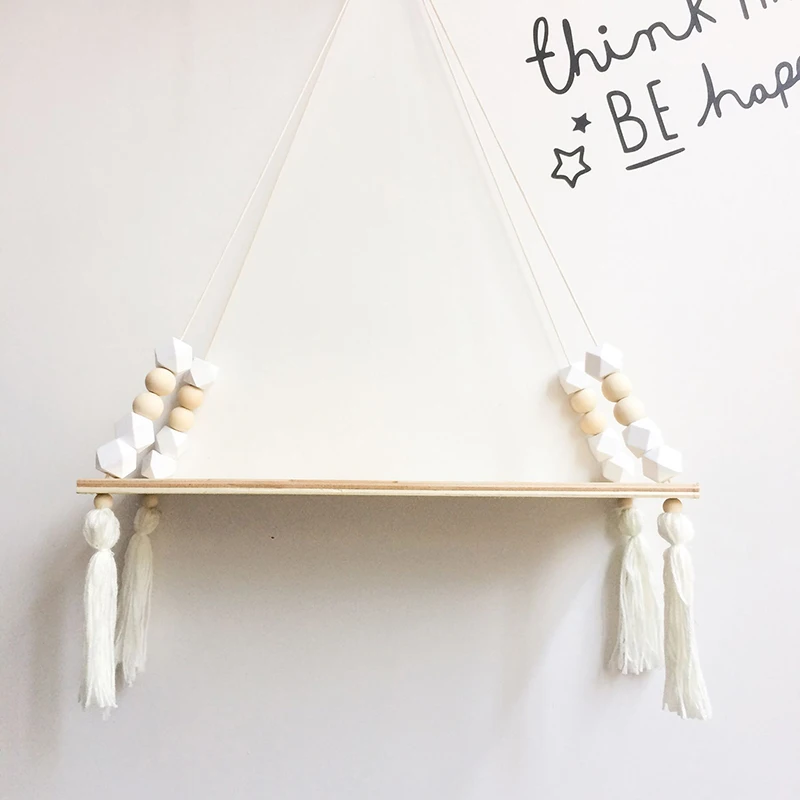 Nordic Style Beads Colorful Wood Shelves With Tassel Wall Clapboard Decoration Children Room Kids Clothing Store Display Stand | Дом и сад