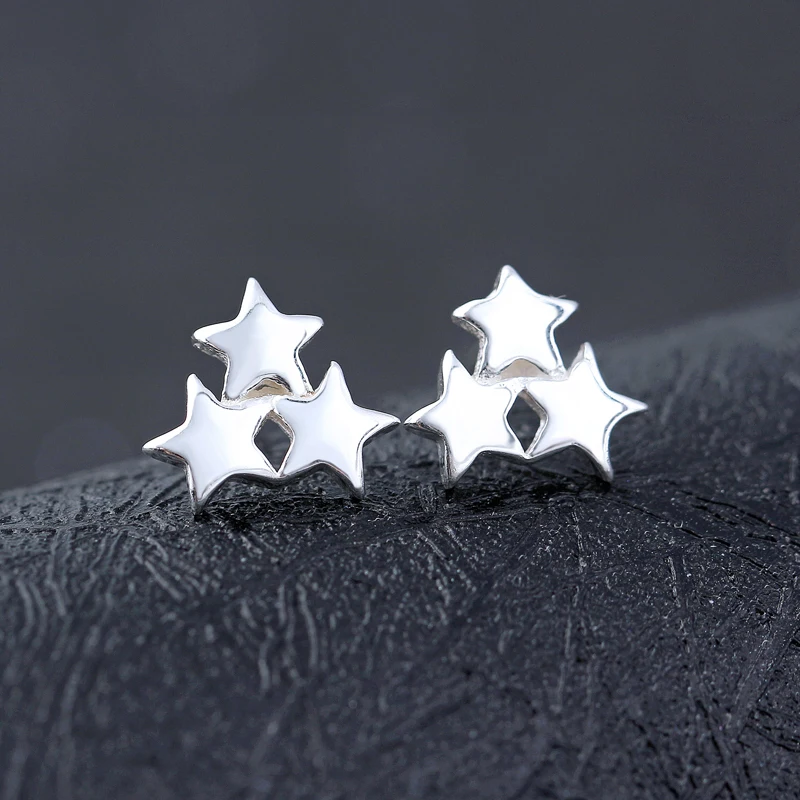 Женские серьги-гвоздики из серебра 925 пробы с тремя звездами | Украшения и