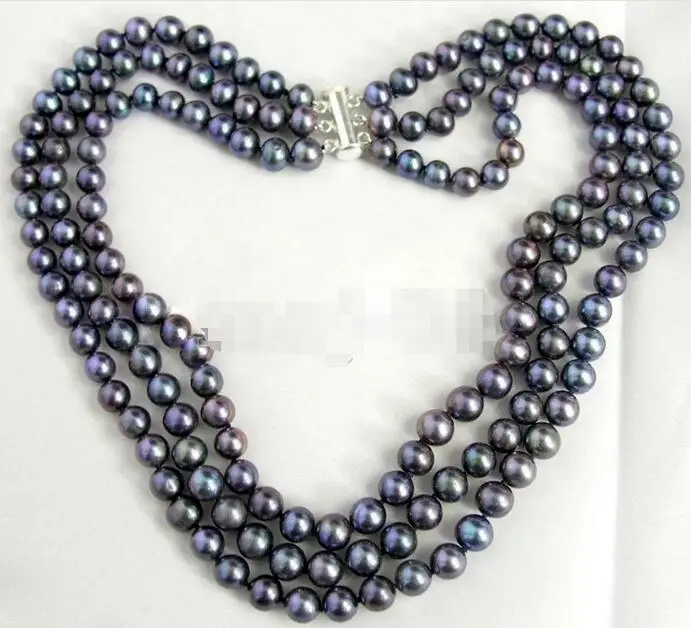 Ожерелье из натурального черного культивированного жемчуга 3 ряда 7-8 мм 17-19
