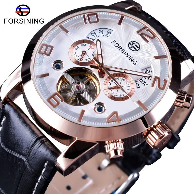 White Golden Forsining Tourbillion, модные, волнистые, дизайнерские, многофункциональные, с дисплеем, Мужские автоматические часы, лучший бренд, роскошные механические наручные часы - Цвет: White Golden