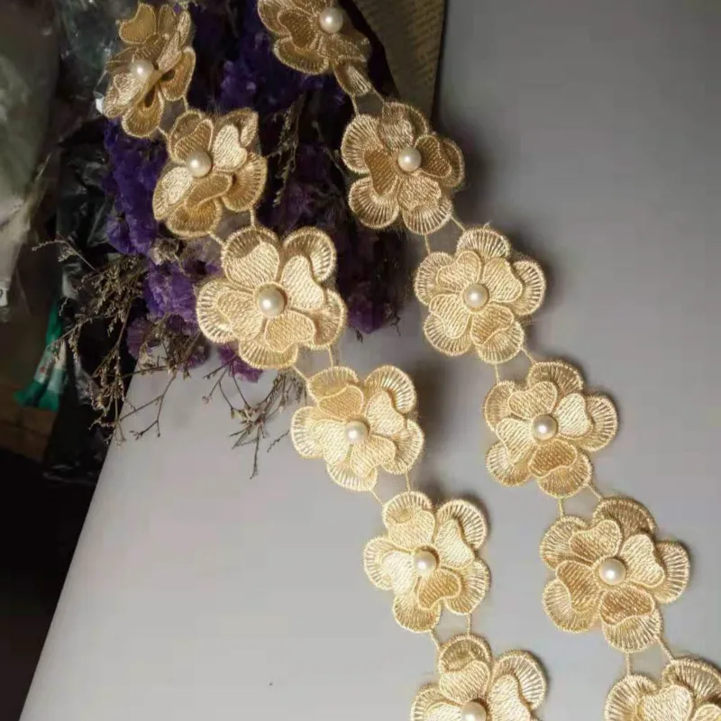10 шт. золотые жемчужные цветы DIY растворимые Свадебные Кружева отделка Вязание вышитые ручной работы Лоскутная лента Швейное Ремесло 4,5 см